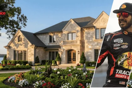 The martin truex jr house for sale shown from the exterior with the home in the background and a framed portrait of Martin Truex Jr displayed at the front.