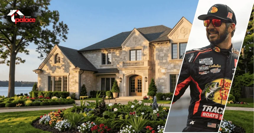 The martin truex jr house for sale shown from the exterior with the home in the background and a framed portrait of Martin Truex Jr displayed at the front.