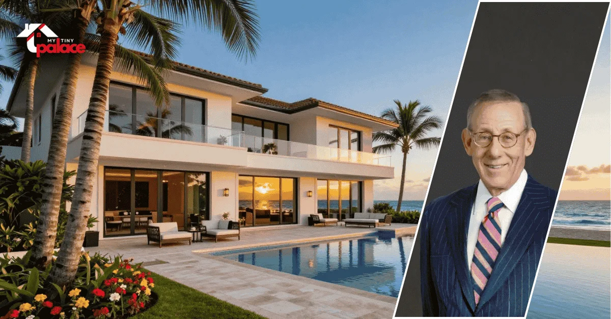 An exterior view of the stephen ross palm beach housefirm with the residence in the background and a framed portrait of Stephen Ross displayed at the front entrance.