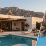 An exterior view of the suzanne somers palm springs house with the Palm Springs desert home in the background and a framed portrait of Suzanne Somers at the front