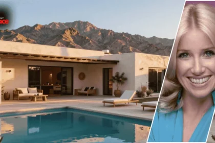 An exterior view of the suzanne somers palm springs house with the Palm Springs desert home in the background and a framed portrait of Suzanne Somers at the front