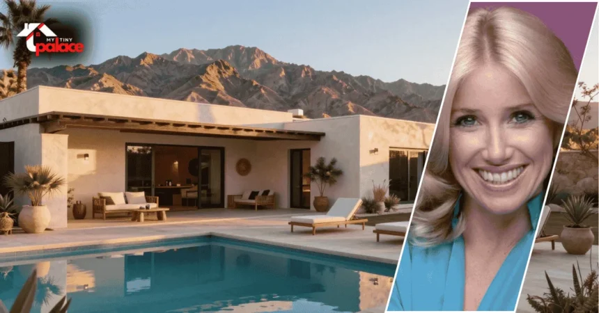 An exterior view of the suzanne somers palm springs house with the Palm Springs desert home in the background and a framed portrait of Suzanne Somers at the front