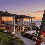 Image showing the tom petty malibu housefirm with the Malibu home in the background and a framed portrait of Tom Petty displayed at the front.