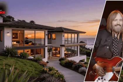 Image showing the tom petty malibu housefirm with the Malibu home in the background and a framed portrait of Tom Petty displayed at the front.
