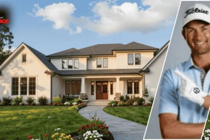 Image showing the webb simpson housefirm with the home in the background and a framed portrait of Webb Simpson displayed at the front.