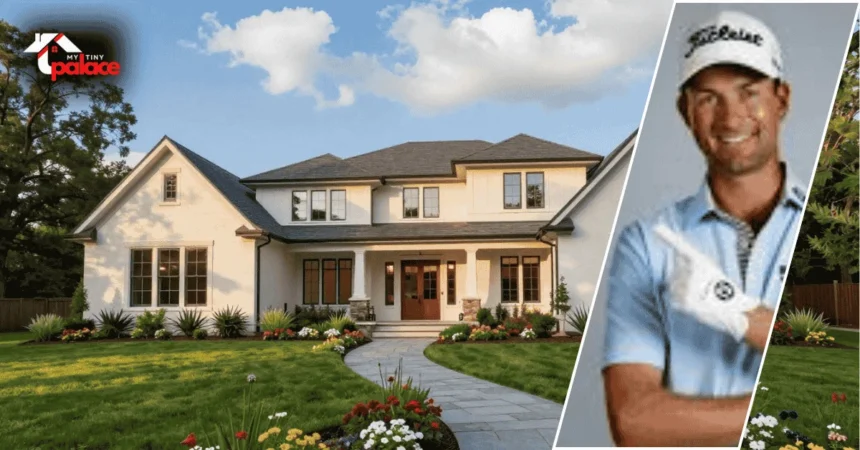 Image showing the webb simpson housefirm with the home in the background and a framed portrait of Webb Simpson displayed at the front.