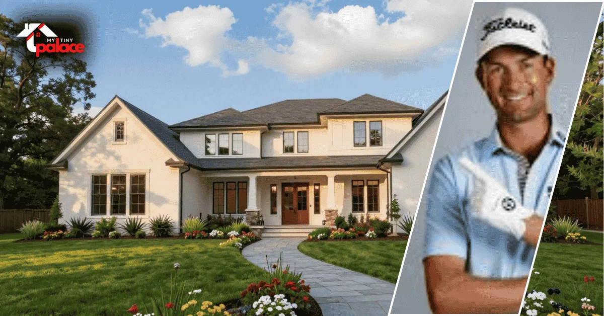 Image showing the webb simpson housefirm with the home in the background and a framed portrait of Webb Simpson displayed at the front.