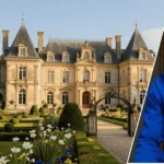 A wide shot of the allan houston house showcasing its limestone French Manor design and manicured lawn with a framed portrait of Allan Houston positioned in the foreground.