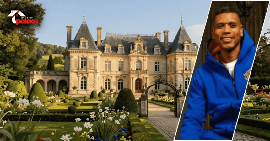 A wide shot of the allan houston house showcasing its limestone French Manor design and manicured lawn with a framed portrait of Allan Houston positioned in the foreground.