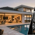 An outdoor view of the udonis haslem house featuring the large Mediterranean-style architecture in the background and a framed portrait of Udonis Haslem in the foreground.