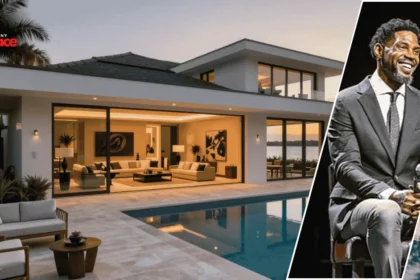 An outdoor view of the udonis haslem house featuring the large Mediterranean-style architecture in the background and a framed portrait of Udonis Haslem in the foreground.