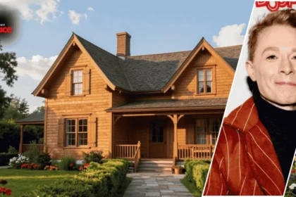 A factual view of the Clay Aiken house showing the large traditional residence in the background and a framed portrait of Clay Aiken in the foreground.