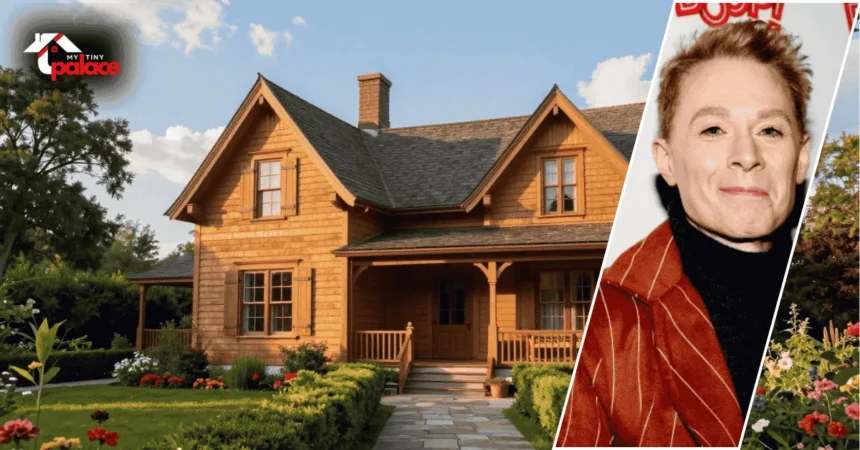 A factual view of the Clay Aiken house showing the large traditional residence in the background and a framed portrait of Clay Aiken in the foreground.