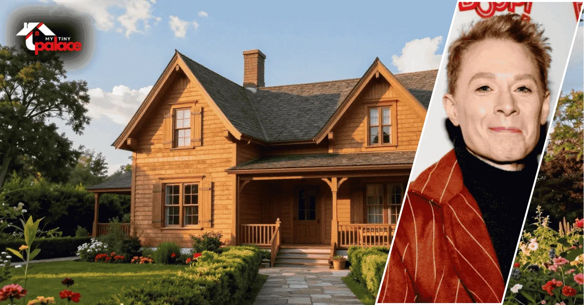 A factual view of the Clay Aiken house showing the large traditional residence in the background and a framed portrait of Clay Aiken in the foreground.