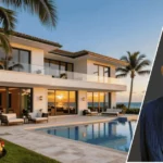 An expansive view of the Stephen Ross Palm Beach House featuring the grand coastal architecture in the background and a framed portrait of Stephen Ross positioned in the foreground.