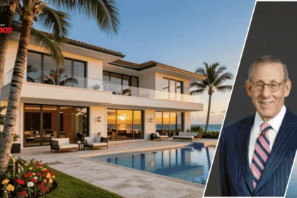An expansive view of the Stephen Ross Palm Beach House featuring the grand coastal architecture in the background and a framed portrait of Stephen Ross positioned in the foreground.