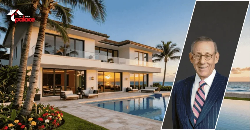 An expansive view of the Stephen Ross Palm Beach House featuring the grand coastal architecture in the background and a framed portrait of Stephen Ross positioned in the foreground.