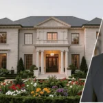 An exterior view of the bret baier house address showing the large brick manor in the background and a framed portrait of Bret Baier in the foreground.