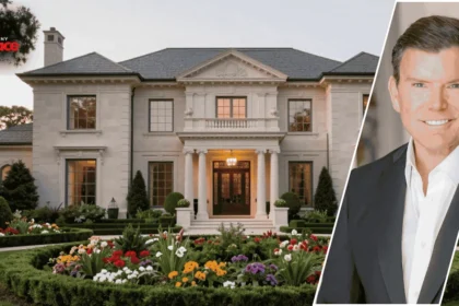 An exterior view of the bret baier house address showing the large brick manor in the background and a framed portrait of Bret Baier in the foreground.