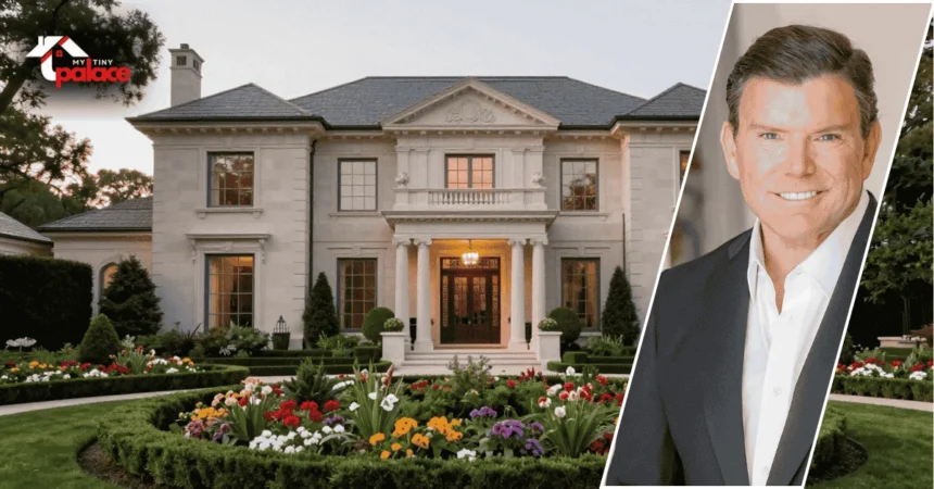 An exterior view of the bret baier house address showing the large brick manor in the background and a framed portrait of Bret Baier in the foreground.