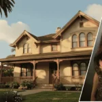 The christina ricci old house is visible in the background with its white stucco walls and red tiled roof while a framed portrait of Christina Ricci stands in the foreground.