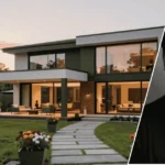 A wide shot of the modern Cody Ko house exterior featuring large glass windows and clean lines, with a gold-framed portrait of Cody Ko positioned clearly in the foreground.