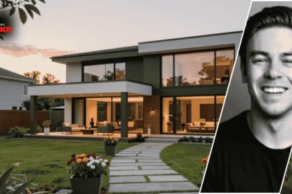 A wide shot of the modern Cody Ko house exterior featuring large glass windows and clean lines, with a gold-framed portrait of Cody Ko positioned clearly in the foreground.