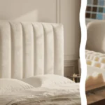 A serene bedroom suite featuring a finished DIY fluted headboard upholstery project in a soft neutral tone with a close up of a heavy duty upholstery staple gun and a roll of polyester batting in the foreground.