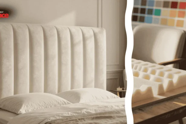 A serene bedroom suite featuring a finished DIY fluted headboard upholstery project in a soft neutral tone with a close up of a heavy duty upholstery staple gun and a roll of polyester batting in the foreground.