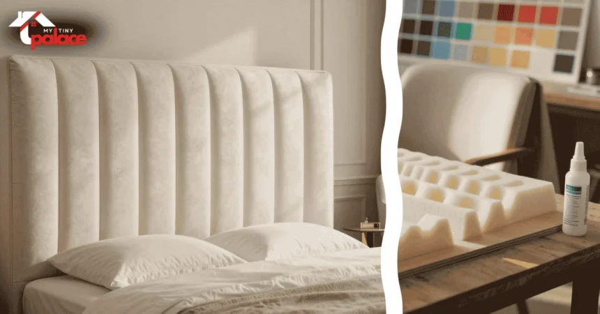 A serene bedroom suite featuring a finished DIY fluted headboard upholstery project in a soft neutral tone with a close up of a heavy duty upholstery staple gun and a roll of polyester batting in the foreground.