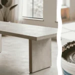 A completed DIY lightweight concrete table stands in a renovated modern dining room while the foreground features a close-up of a power sander and high-grit sandpaper used for the smooth finish.