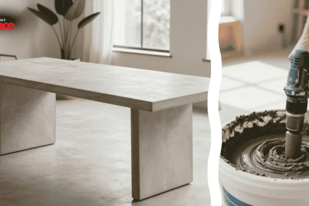 A completed DIY lightweight concrete table stands in a renovated modern dining room while the foreground features a close-up of a power sander and high-grit sandpaper used for the smooth finish.