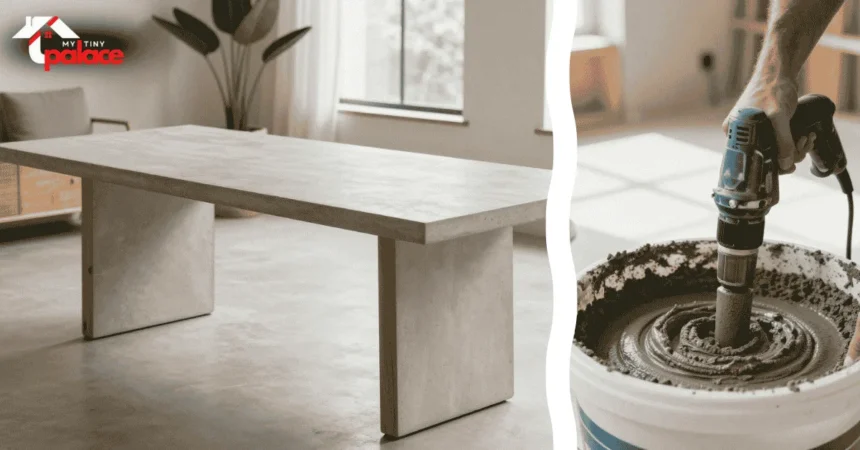A completed DIY lightweight concrete table stands in a renovated modern dining room while the foreground features a close-up of a power sander and high-grit sandpaper used for the smooth finish.