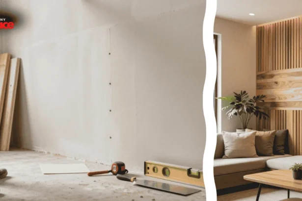 A modern living room featuring a floor to ceiling DIY slatted wood wall budget project with a focused foreground shot of a precision cordless brad nailer resting against a smooth oak slat.