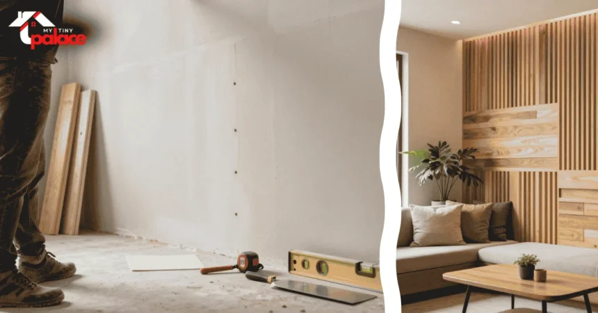 A modern living room featuring a floor to ceiling DIY slatted wood wall budget project with a focused foreground shot of a precision cordless brad nailer resting against a smooth oak slat.