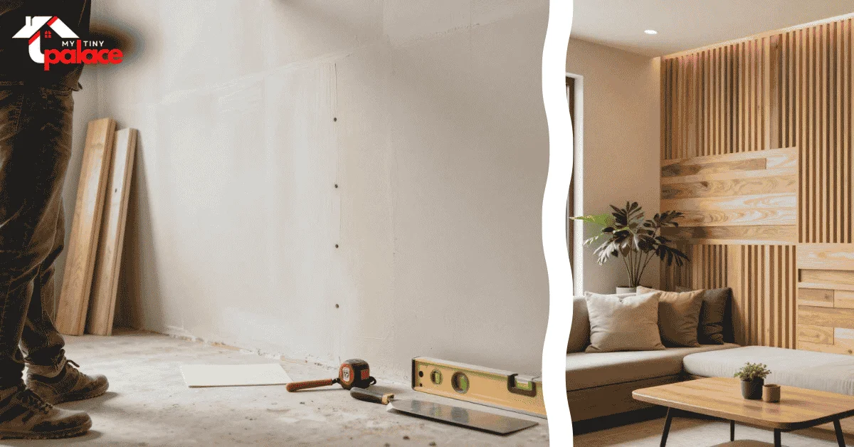 A modern living room featuring a floor to ceiling DIY slatted wood wall budget project with a focused foreground shot of a precision cordless brad nailer resting against a smooth oak slat.