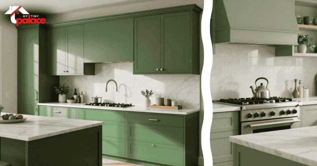 A wide view of a kitchen featuring a Dakota Johnson green kitchen dupe with dark green cabinets and rustic wooden countertops while the foreground shows a close-up of a brass cabinet handle and a paintbrush.