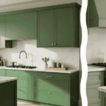 A wide view of a kitchen featuring a Dakota Johnson green kitchen dupe with dark green cabinets and rustic wooden countertops while the foreground shows a close-up of a brass cabinet handle and a paintbrush.