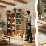 A person wearing a tool belt uses a screwdriver to tighten a hinge on a wooden cabinet door in a bright modern kitchen.