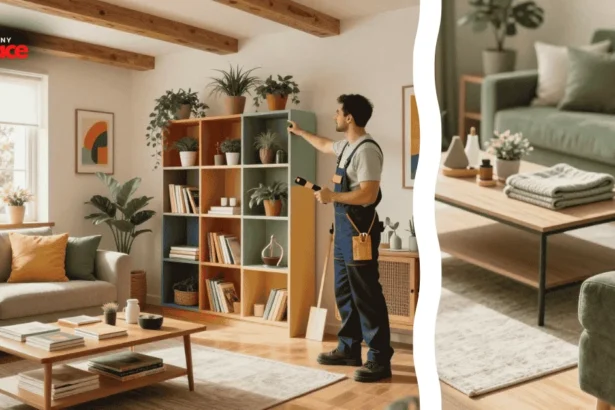 A person wearing a tool belt uses a screwdriver to tighten a hinge on a wooden cabinet door in a bright modern kitchen.