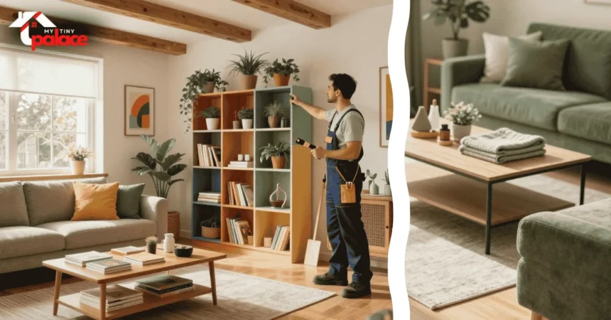 A person wearing a tool belt uses a screwdriver to tighten a hinge on a wooden cabinet door in a bright modern kitchen.