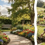 A vibrant backyard landscape featuring a stone pathway winding through lush green bushes and blooming colorful flowers under bright sunlight.