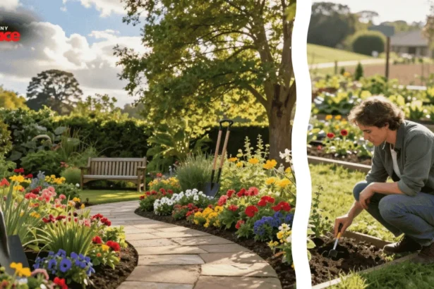A vibrant backyard landscape featuring a stone pathway winding through lush green bushes and blooming colorful flowers under bright sunlight.