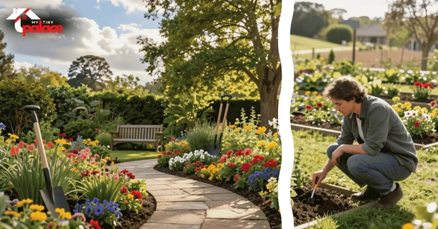 A vibrant backyard landscape featuring a stone pathway winding through lush green bushes and blooming colorful flowers under bright sunlight.