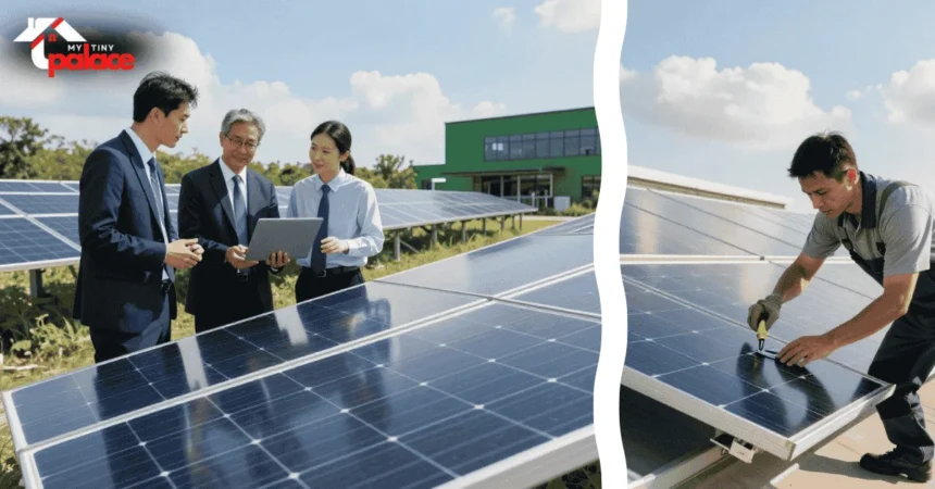 Several sleek black solar panels are mounted securely on a residential rooftop under a clear blue sky.
