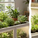 A completed IKEA cabinet greenhouse setup features lush green foliage visible through glass panels with a close-up of an ultrasonic humidifier and waterproof LED lighting strips in the foreground.
