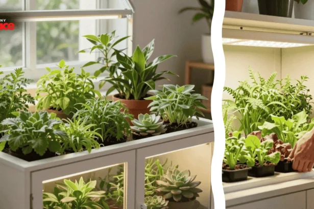 A completed IKEA cabinet greenhouse setup features lush green foliage visible through glass panels with a close-up of an ultrasonic humidifier and waterproof LED lighting strips in the foreground.