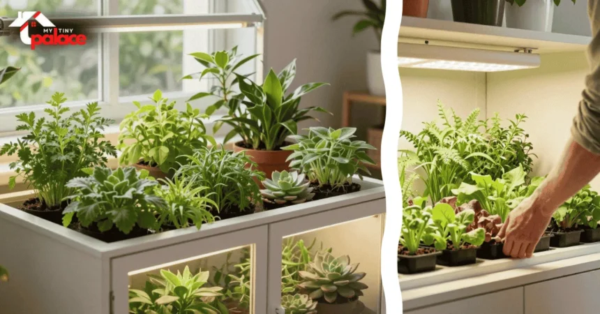 A completed IKEA cabinet greenhouse setup features lush green foliage visible through glass panels with a close-up of an ultrasonic humidifier and waterproof LED lighting strips in the foreground.