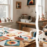 An overhead view of a wooden workbench featuring colorful threads, metallic wire, and small hand tools arranged around a partially completed craft project.