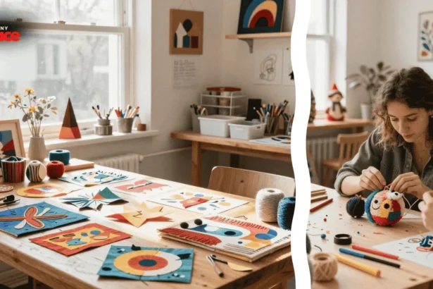 An overhead view of a wooden workbench featuring colorful threads, metallic wire, and small hand tools arranged around a partially completed craft project.
